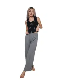 Akbeniz Palmiye Desenli Kalın Askılı Body Bol Paça Kadın Pantolon 2li Takım Akbeniz 4217